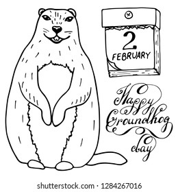 Groundhog Day outline doodle illustration with handwritten lettering. Sketched holiday design set with marmot. Second February greeting poster, banner, card. Vector illustration on white background.