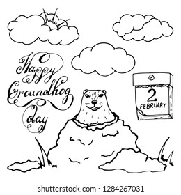 Groundhog Day outline doodle illustration with handwritten lettering. Sketched holiday design set with marmot. Second February greeting poster, banner, card. Vector illustration on white background.