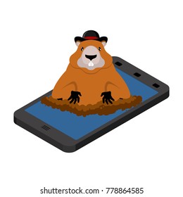 Groundhog Day. Marmot in phone. woodchuck in gadget. Online holiday. Rodent aristocrat. Illustration for National feast