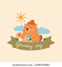 Groundhog Day. Postcard with a groundhog. Vector illustration