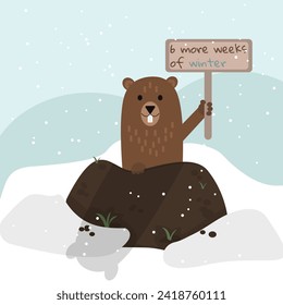 Groundhog Day poster. Card with marmot peeks out of a hole and holding a sign with the inscription 6 more weeks of winter. Illustration with snow and shadow of an animal