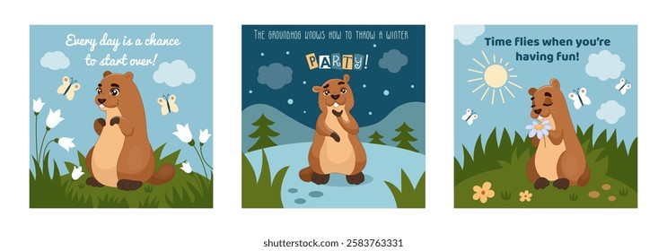 Groundhog Day poster. Cute marmot. Gopher of winter greets spring. Banner featuring animal. Happy party. Woodchuck character. Mammal in weather illustration. Vector tidy cartoon seasonal cards set