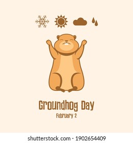 Groundhog Day Poster with a marmot predicting the weather vector. Weather forecast with marmot vector. Woodchuck and weather symbols vector. February 2, Important day