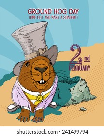 Groundhog day poster in vintage doodle style. 2 February. Winter and spring. Vector illustration.