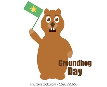Groundhog Day. Predicts the arrival of spring. Festive banner groundhog with a flag isolated on white background. Vector illustration