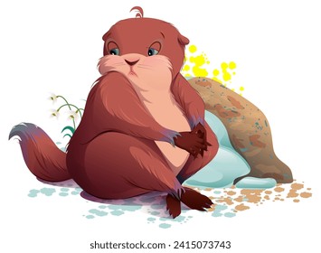 Groundhog day sad marmot sitting by hole weather forecast late spring. Vector cartoon illustration isolated on white