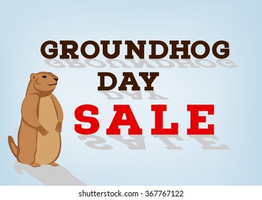 Groundhog day sale inscription on blue background. Groundhog cartoon character with shadow. Happy groundhog day sale concept. Vector illustration