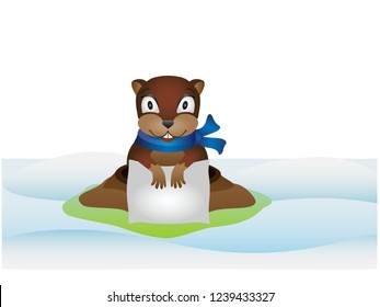 Groundhog Day. A Groundhog in a scarf got out of a hole with a pillow in his paws. Around the Groundhog snow and grass emerging from under it. The arrival of spring. Template with copy space.