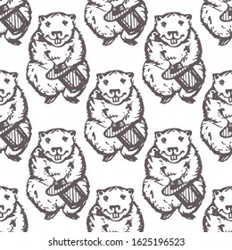 Groundhog Day seamless patterns with hand drawn marmot. Suitable for packaging, wrappers, fabric design