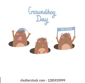 Groundhog Day set with happy cute groundhog celebrating groundhog Day. Funny groundhog in a hole. Cute cartoon Illustration in vector. 