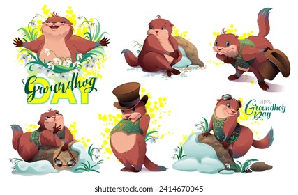 Groundhog day set illustration for greeting card. Marmot weather forecaster. Vector cartoon illustration isolated on white