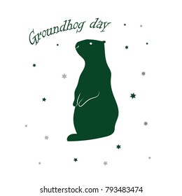 Groundhog Day . Silhouette of marmot with text and little stars. Vector illustration eps 10.