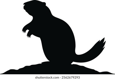 Groundhog Day. A simple black silhouette of a groundhog, standing on a small mound of earth