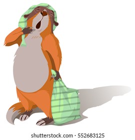 Groundhog Day. Sleeping marmot yawning and holding pillow. Vector cartoon illustration