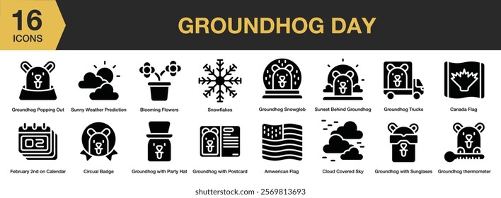 Groundhog Day solid icon set. Includes groundhog, animal, cute, marmot, mammal, wildlife, and More. Solid icons vector collection.