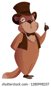 Groundhog Day. Groundhog stands and holds thumb up. Isolated on white vector cartoon illustration