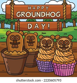 Groundhog Day Treats Colored Cartoon Illustration