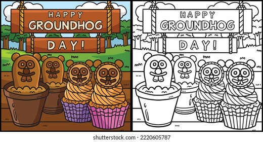 Groundhog Day Treats Coloring Page Illustration