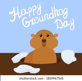 Groundhog Day vector cartoon background with cute marmot and letters on blue sky. Traditional holiday character