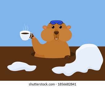 Groundhog Tag Vektorgrafik mit süßem Marmor in Schlafmaske und Tasse Kaffee. Traditioneller Urlaubscharakter