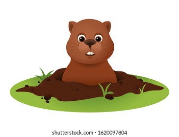 Groundhog Day Vector with Cute Marmot Character in Hole