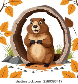 Groundhog Day Vector with Cute Marmot Character in Hole. vector illustration with white background.