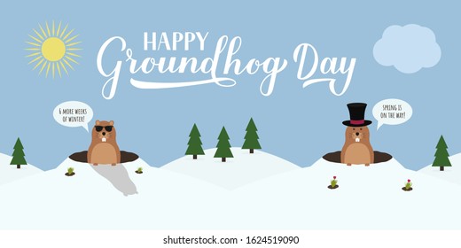 Groundhog Day vector illustration with calligraphy hand lettering and cute cartoon marmots crawling out of hole.  Two versions: sunny or cloudy day. Template for postcard, poster, banner, flyer, etc.