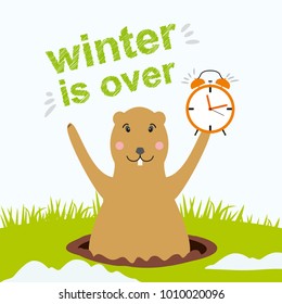 Groundhog Day vector illustration with cute groundhog and lettering winter is over. Groundhog hole. Ringing alarm clock. Waking cartoon marmot. Spring weather. Snow on the green grass.