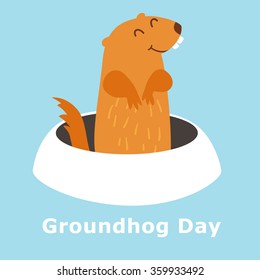 Groundhog Day. Vector illustration isolated on blue background. Groundhog peeking out of a hole in the ground