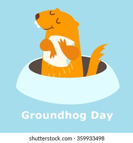 Groundhog Day. Vector illustration isolated on blue background. Groundhog peeking out of a hole in the ground