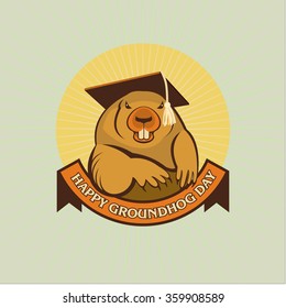 Groundhog Day. Vector illustration. Marmot in an academic cap.