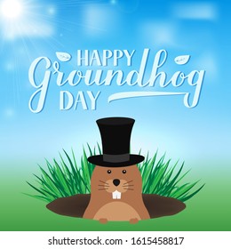 Groundhog Day vector illustration with modern calligraphy hand lettering and cute cartoon groundhog. Easy to edit template for greeting card, typography poster, banner, flyer, etc.