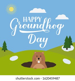 Groundhog Day vector illustration with modern calligraphy hand lettering and cute cartoon groundhog. Easy to edit template for typography poster, greeting card,  banner, flyer, postcard, etc.