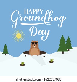 Groundhog Day vector illustration with modern calligraphy hand lettering and cute cartoon marmot crawling out of a hole on a sunny day. Vector template for postcard, poster, banner, flyer, etc.