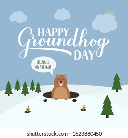 Groundhog Day vector illustration with modern calligraphy hand lettering and cute cartoon marmot crawling out of a hole on a cloudy day. Vector template for postcard, poster, banner, flyer, etc.