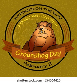 Groundhog Day. Vector illustration. Round label on a green background.