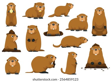 Groundhog Day Woodchuck Marmot Happy Funny Cute Animal Cartoon Isolated Character Various Poses