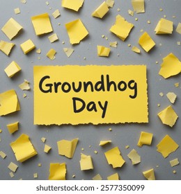 Groundhog day written on yellow paper lying on a gray background scattered around torn small pieces. illustration vecto