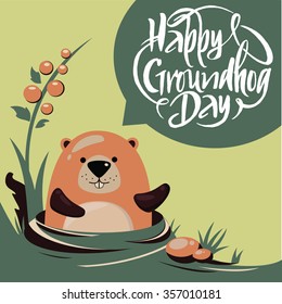 Groundhog Day.Handdrawn typography.Brush script.Vector marmot.