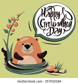 Groundhog Day.Handdrawn typography.Brush script.Vector marmot.