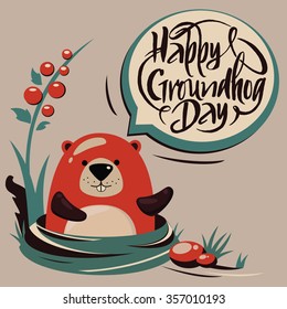 Groundhog Day.Handdrawn typography.Brush script.Vector marmot.