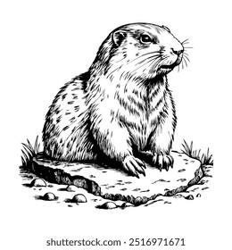 Groundhog digging in the ground, detailed line sketch, on a white background