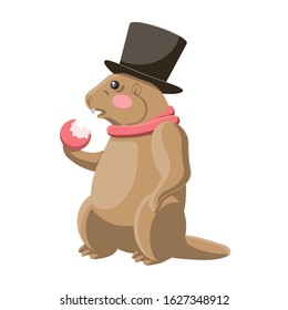 A Groundhog eats an Apple in a hat and scarf on a white isolated background. Vector image. eps 10