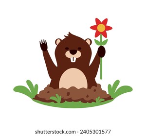 groundhog with flower illustration isolated