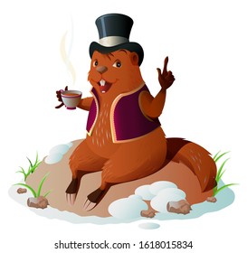 Groundhog forecaster climbed out of hole, sitting and drinking coffee. Groundhog Day. Isolated on white vector cartoon illustration