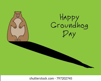 Groundhog in full growth with shadow on green background with inscription Happy Day Groundhog