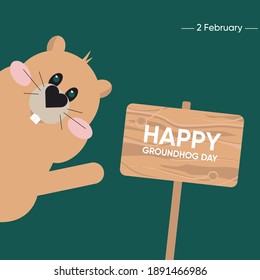 Groundhog greeting spring and inscription on wooden board Happy Groundhog Day. Groundhog Day poster, banner, card. Vector cartoon illustration. Weather forecast, February 2