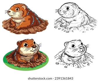 Groundhog hand draw full-color and Black and white line art semi-cartoon style illustration for the concept of Groundhog Day and decorate greeting card.