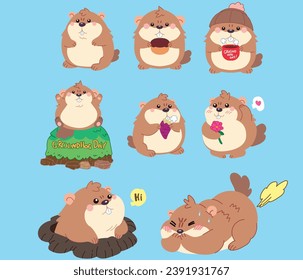 Groundhog hand draw full-color cartoon style illustration set for the concept of Groundhog Day and decorate greeting card.
