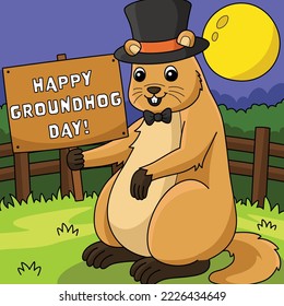 Groundhog with Hat Colored Cartoon Illustration